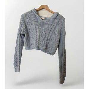 Aeropostale Cropped Hooded Sweater Long Sleeve V Pullover Cable Knit Medium Blue